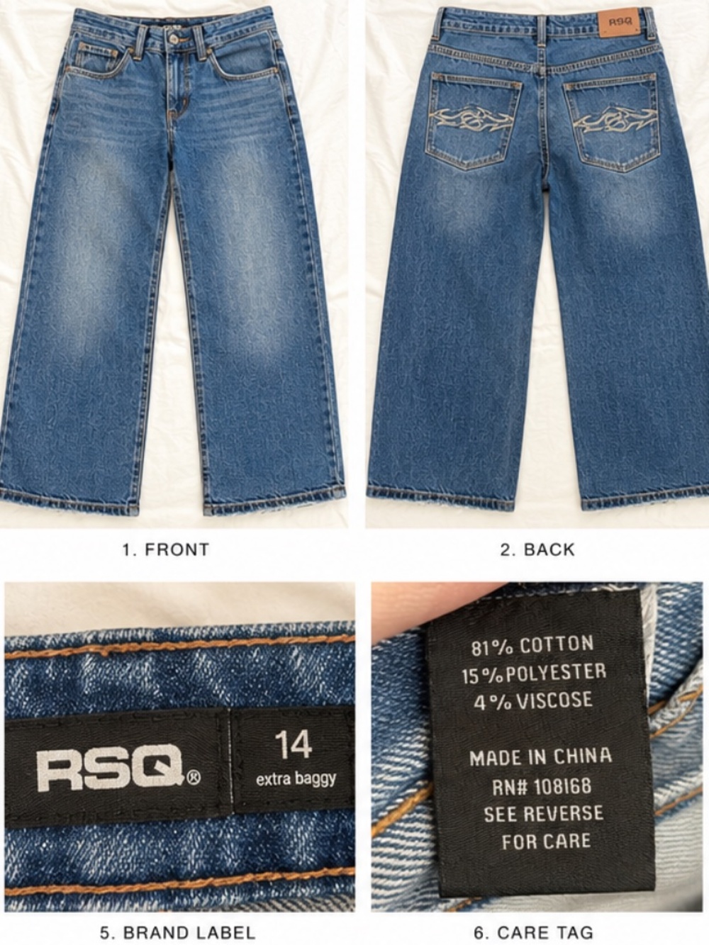 RSQ Kids Extra Baggy Jeans Size 14 Wide Leg Flame Y2K Skater Denim